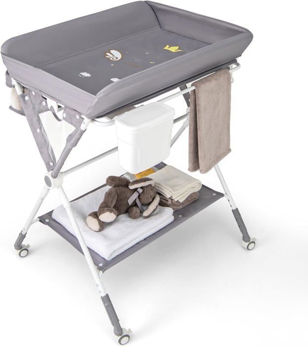 GOPLUS Table à Langer Pliable avec Grande espace de Rangement Réglable en Hauteur avec Roulettes et Ceinture de Sécurité Gris