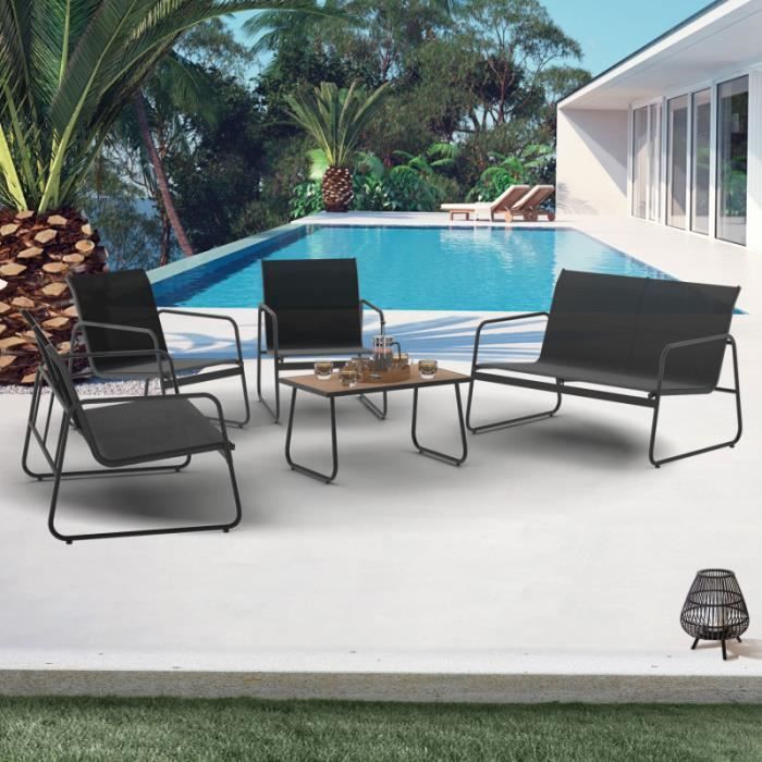 IDMARKET Salon de jardin bas MALAGA 6 places avec canapé, fauteuils et table noir et bois