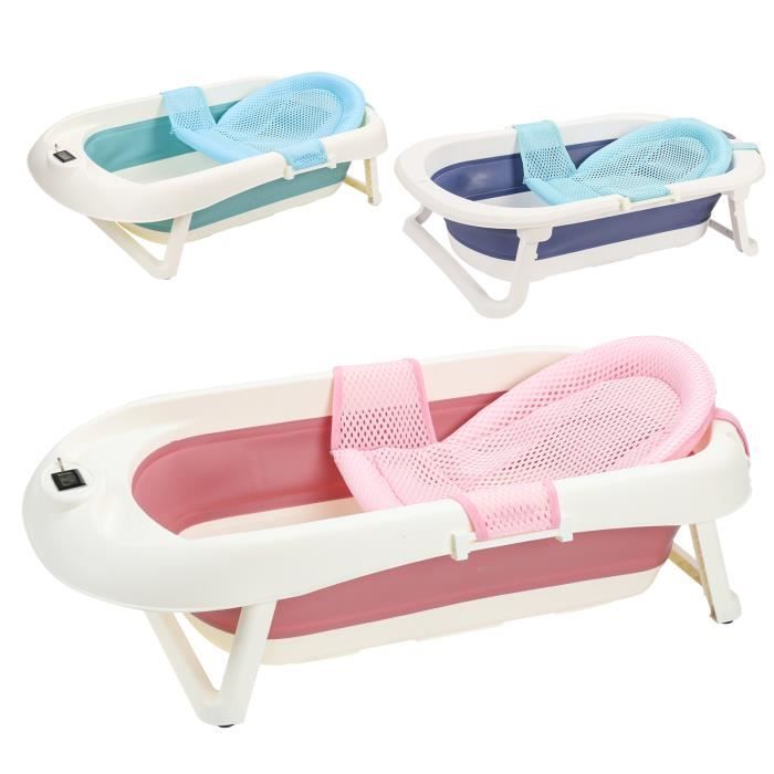 Baignoire Bébé Pliable Avec Thermomètre - LinaSmile | Anti-Dérapante, Coussin, 0-2 Ans, Rose