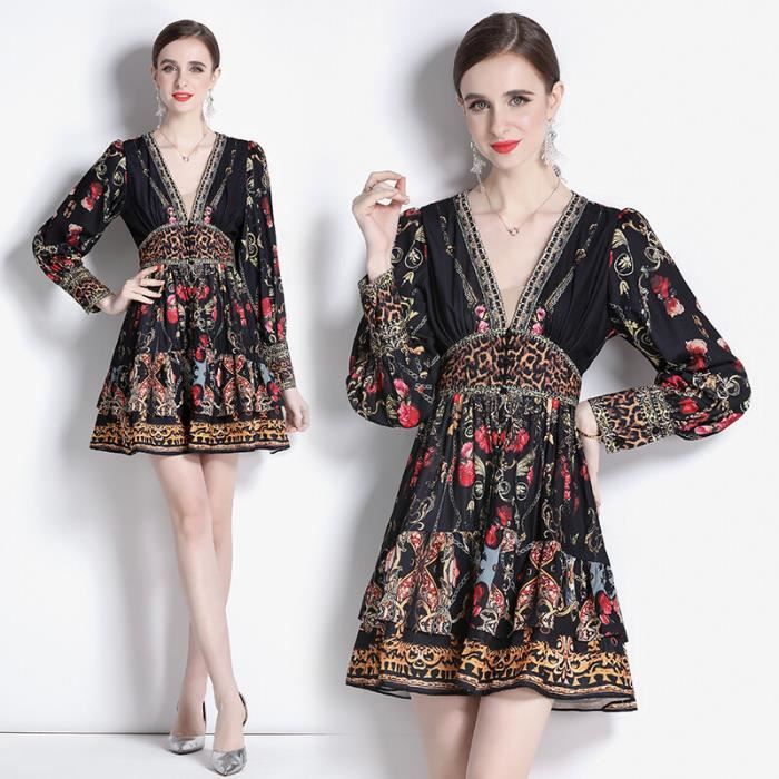 Robe Robe vintage imprim floral pour femme col en V manches