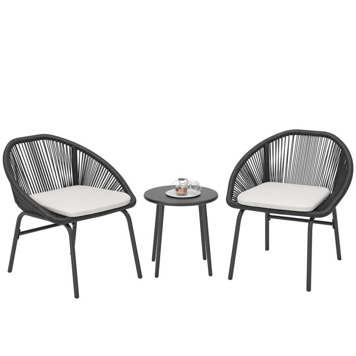 Ensemble Bistro 3 Pièces En Résine Tressée Beige - Table Et 2 Chaises Avec Coussins - Meubles Jardin Extérieur