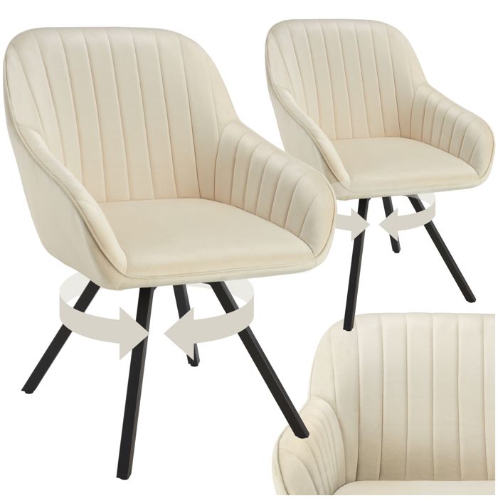 Chaise - TECTAKE - Lot de 2 fauteuils SNUG pivotants avec accoudoirs aspect velours rembourré 58 x 58 x 82 cm - Crème