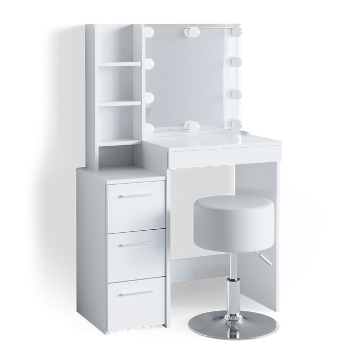 Vicco Coiffeuse Lilli, Blanc, 190cm avec éclairage LED et Tabouret, Surface de Table Extra Large pour Organiser Maquillage et Accessoires de Coiffure