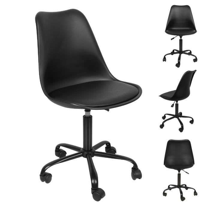 willonin® chaise de bureau à roulettes, hauteur d'assise réglable 43-55cm, siège en similicuir noir 47x41 cm, pied métal laqué