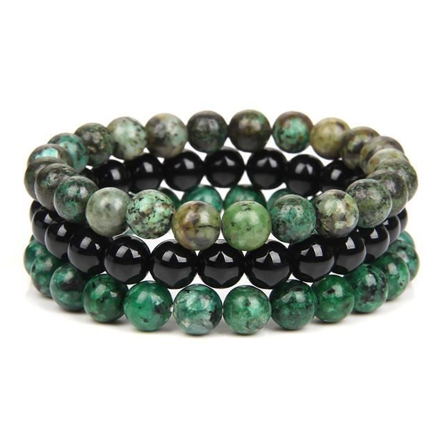 Lot De 2 Bracelets Tibétains Perles Naturelles - Turquoise Et Agate Noire, Ajustables