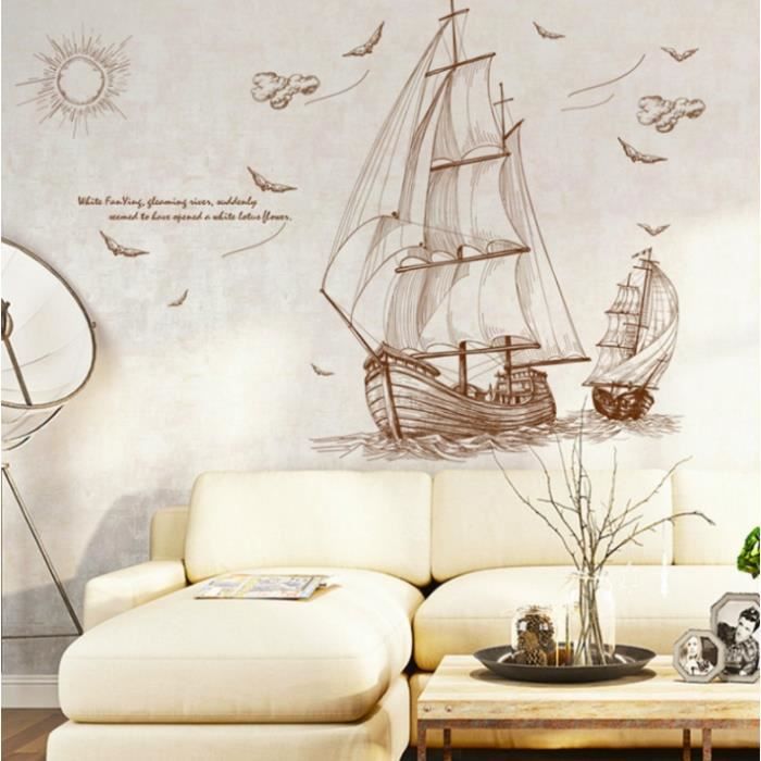 Stickers Muraux Phare Et Voilier - Décor Nautique Pour Salon Ou Salle De Bain