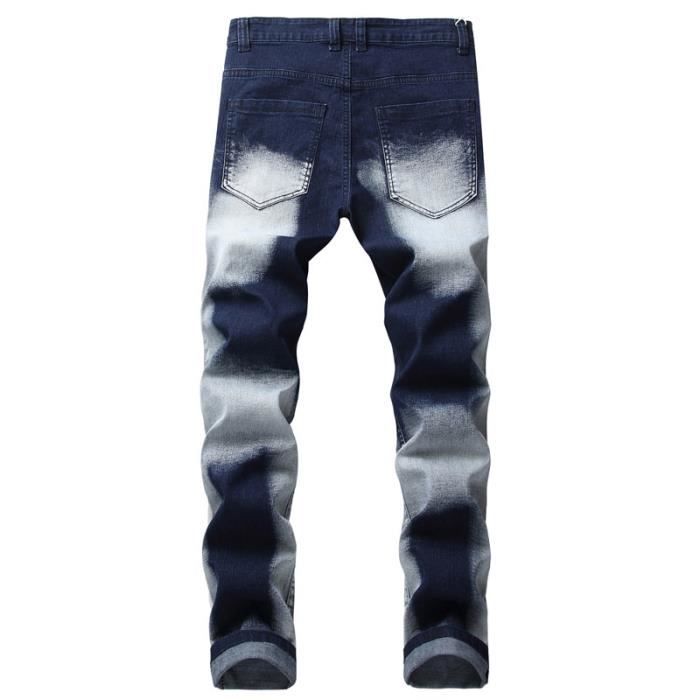 Jeans homme de marque luxe La mode Jean stretch brode deux tons Personnalite slim Pantalon homme Bleu