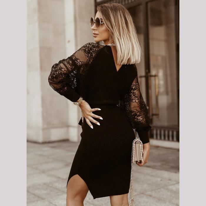 Pull Robe Femme Tricotée Manches Longues en dentelle Robe Elégant