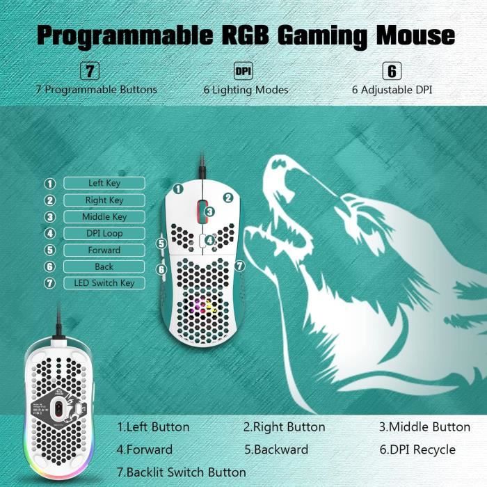 Souris Gamer Sans Fil CROSS ZEBRA T66 - 3600 DPI, Coque Nid D'Abeille Léger, RGB, Batterie 650mAh, Bluetooth/2,4G/USB
