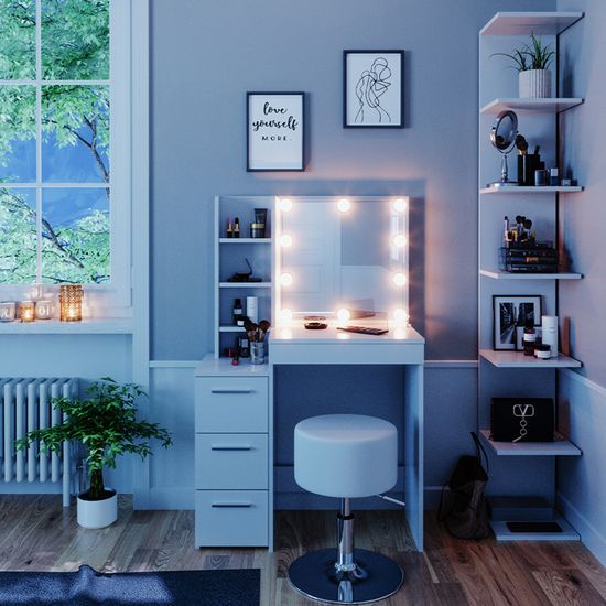 Coiffeuse Meryl, Blanc, 79.9 cm avec éclairage LED et tabouret, Vicco