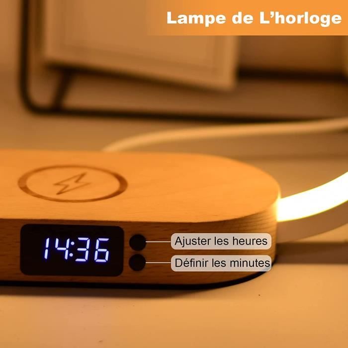 Lampe de Chevet Chargeur sans Fil, Tactile avec Port USB, Chargeur  Induction avec L'horloge, Lampe de Table avec 3 Modes de Couleur et  Intensité Variable, Bois&Blanc