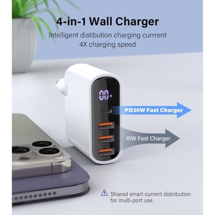 Chargeur Mural USB 4 Ports Rapide Quick Charge 3.0 – Universel Blanc Compact