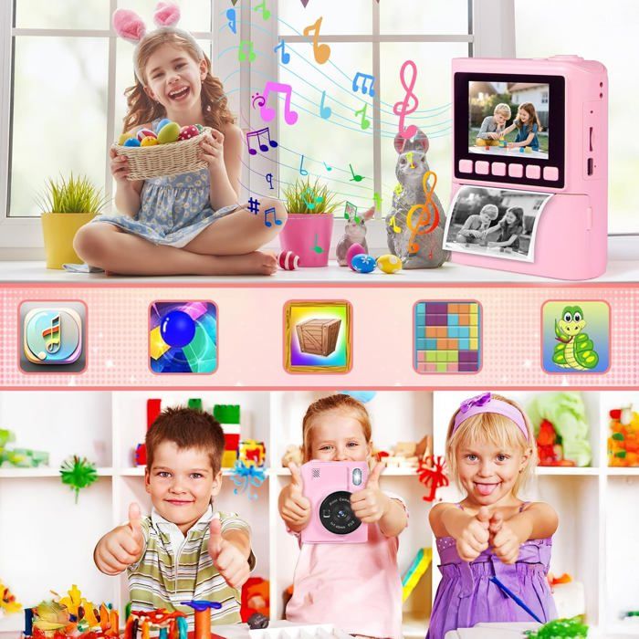 Appareil Photo Instantané Pour Enfants - Écran 2.4" - Impression Sans Encre (noir Et Blanc) - 1080P Vidéo - Carte 32GB Inclus - Cadeau 3-12 Ans - 4