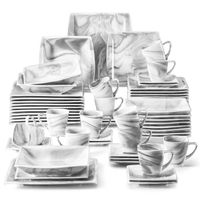 MALACASA Série Blance, 60 pièces Service de Table Porcelaine Marbre, Le dessin de motif d'eau grise lisse - Gris