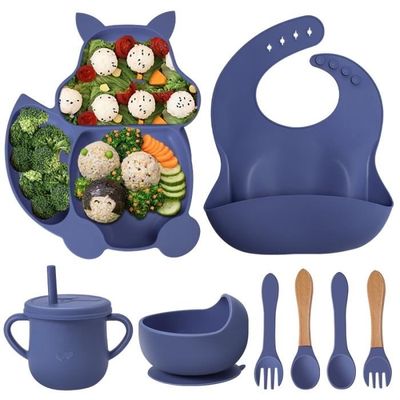 Coffret Repas Bébé Silicone Complet Lot De 6 - Assiette Ventouse, Couverts, Bol, Bavoir, Tasse