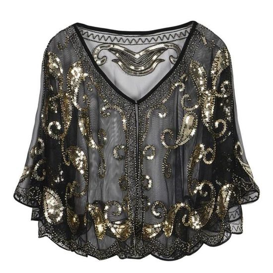 Châle De Soirée Vintage Années 1920 à Paillettes - Cape Semi-transparent Pour Fête Gatsby, Mariage, Déguisement Flapper (Noir)