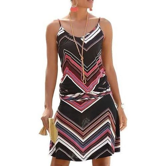 Robe D'été Fluide JFAN - Imprimé Vagues, Style Boho - Sans Manches - 100% Polyester
