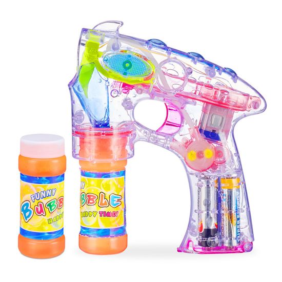 Relaxdays Pistolet à Bulles LED – 14,5 Cm – Avec Piles Et Liquide Inclus – Pour Anniversaire Et Fêtes, Dès 3 Ans