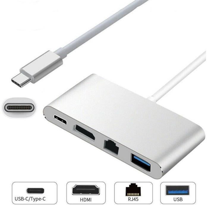 Hub USB 3.1 Type-C vers HDMI 4K + RJ45 Ethernet Gigabit + Adaptateur USB 3.0 HDMI USB-C