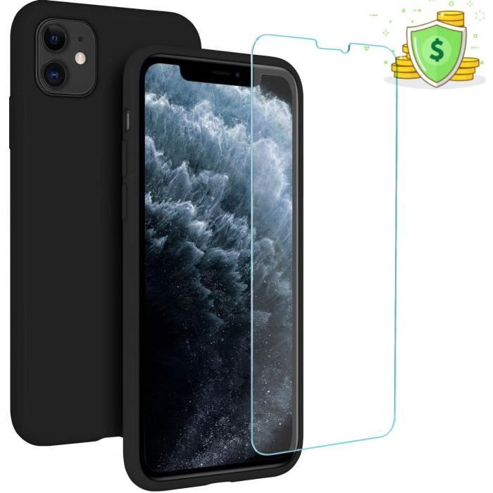 Coque iPhone 11 noir, Coque apple en Silicone Liquide avec Protecteur d'écran Gratuit Housse Protective Etui Anti-Choc