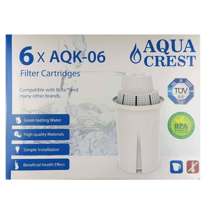 Pack x 6 Cartouches filtrantes Aquacrest AQK06 pour Brita Classic. 12 Mois de Filtration Remplace: Brita Classic, Laica MultiFlux,