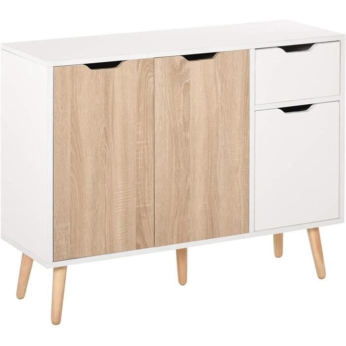 Buffet design scandinave 2 placards tiroir coulissant pieds bois massif pin panneaux particules blanc chêne clair133