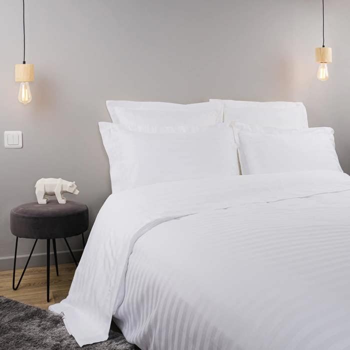 LINANDELLE - Housse de couette coton bande satin 120 fils REVE BLANC - Blanc - 140x200 cm