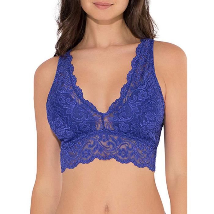 Brassiere Femme Mode Nouveau Sexy Soutien-gorge en dentelle en V profond Bralette Lingerie sans fil @Bleu