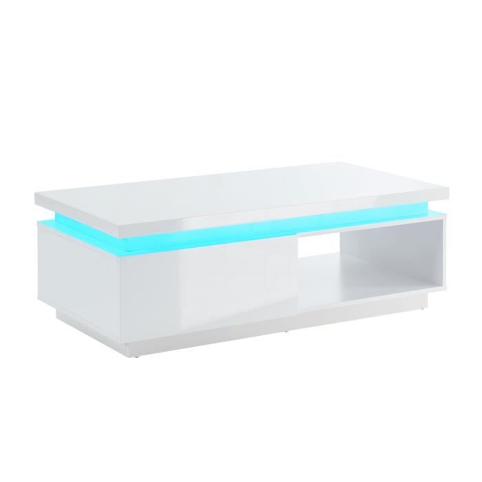 Table basse coloris blanc brillant à LED en mélamine - Dim : 120 x 60 x 40 cm