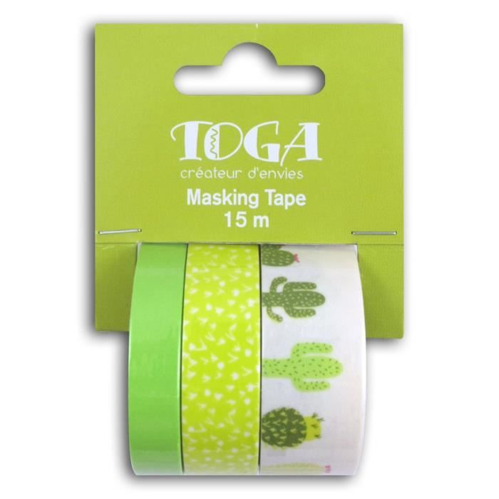 TOGA Lot de 3 rouleaux masking tape – Cactus vert blanc – 5 m