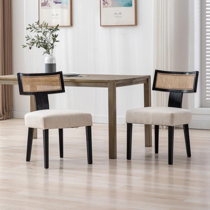 Wahson Lot de 2 Chaise Salle à Manger en Bois et Lin Chaise de Salle à Manger Médiévale Chaise de Cuisine avec Coussin Épais Noir