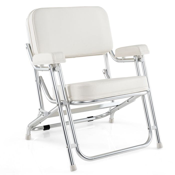 Chaise de Plage Pliante COSTWAY-Siège Rembourré Mousse-Accoudoirs-Dossier Courbé-Patins Antidérapants-en Aluminium-150 KG-Blanc