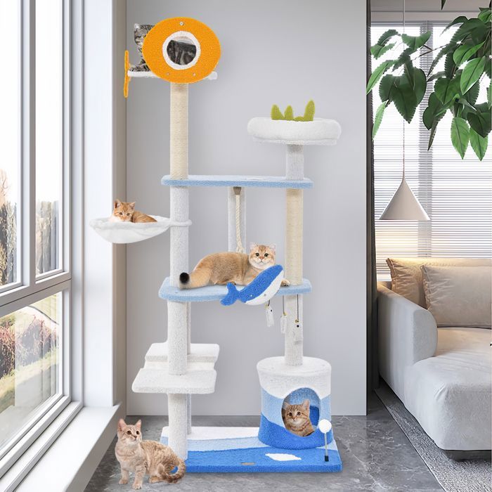 Meilleurs prix pour Arbre à Chat MultiNiveaux - GOPLUS - Style Océanne - avec Grattoir en Sisal - Boule - 3 Jouets Suspendus - Hamac -168cm