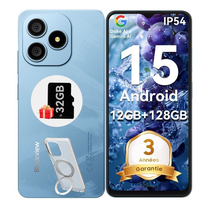 Blackview WAVE 9C Téléphone Portable 6.56 12Go+128Go 13MP+8MP 5000mAh Android 15 Smartphone Dual SIM Face ID3 Carts Slots - Bleu