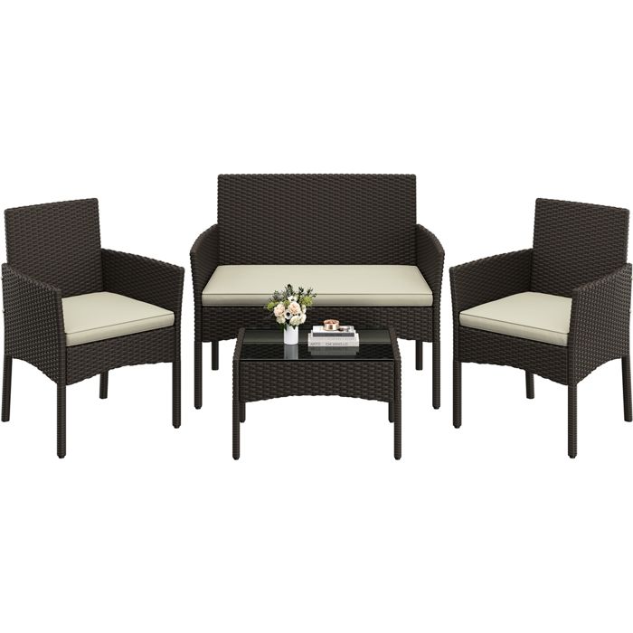 Yaheetech Salon de Jardin 4 Personnes en Polyrotin et Métal avec Coussin Table Basse Brun/Beige