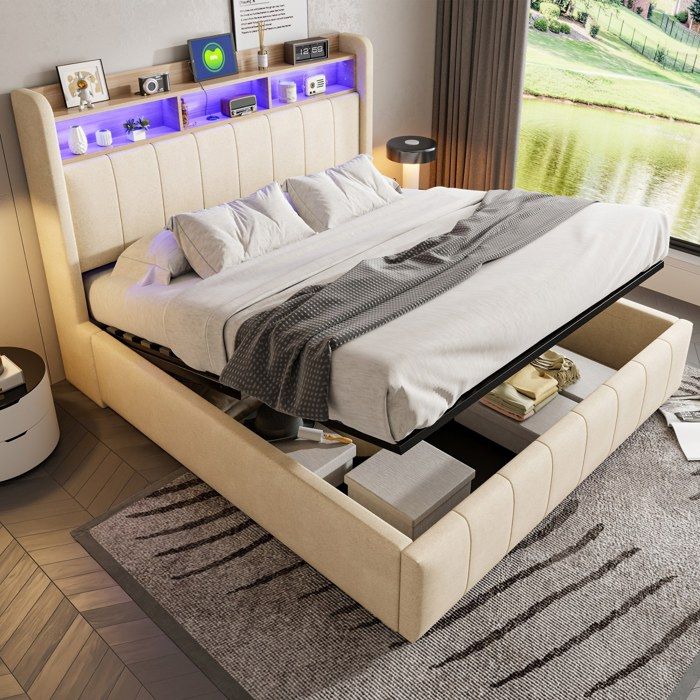 Lit rembourré double 160x200 cm Lit coffre Lit adulte capitonné en lin avec lumière LED ports USB rangement et sommier à lattes
