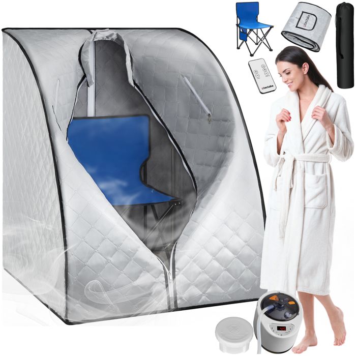 Sauna à vapeur mobile - TECTAKE - Cabine SPA mobile THERMALUXE II 1000 W avec fonction minuterie sac inclus - Gris/Bleu