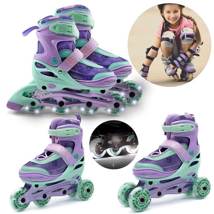 DISNEY La Reine des Neiges – Patins soft boot 3-en-1 pour enfants réglables à LED – classiques d’entraînement mode quads 34-37
