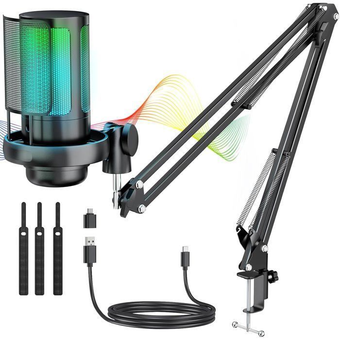 USB Micro Gaming - RGB Condensateur Microphone - avec Bras/Filtre anti-pop/Muet/Gain/Moniteur - pour PC PS4 PS5 Streaming