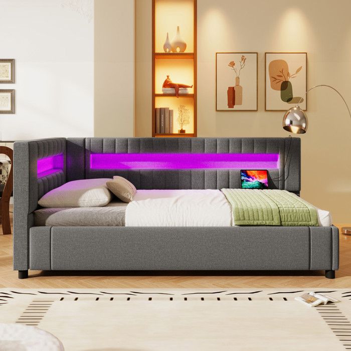 Canapé-Lit 90x200 cm avec USB + Type-C Lit Simple LED avec Sommier Lattes Lit 1 Personne en Lin Gris