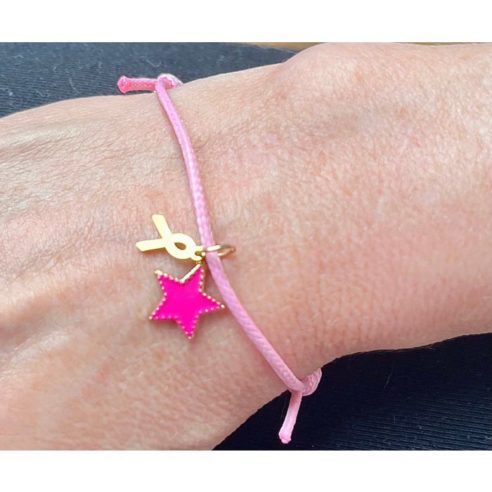 Bracelet octobre rose en Coton Rose Coulissant charm étoile rose vif et petit ruban doré