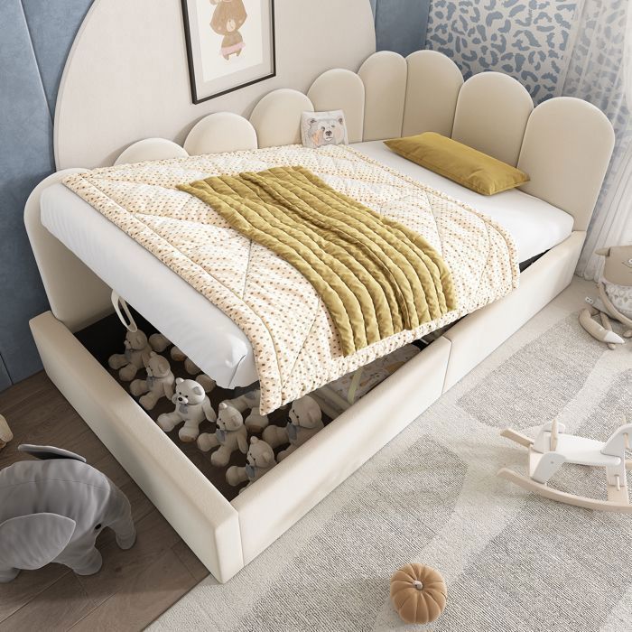 Canapé-Lit Kehun 90 x 190 cm Lit Coffre avec Rangement Hydraulique Lit Pour Enfant avec Sommier à Lattes Velours Beige