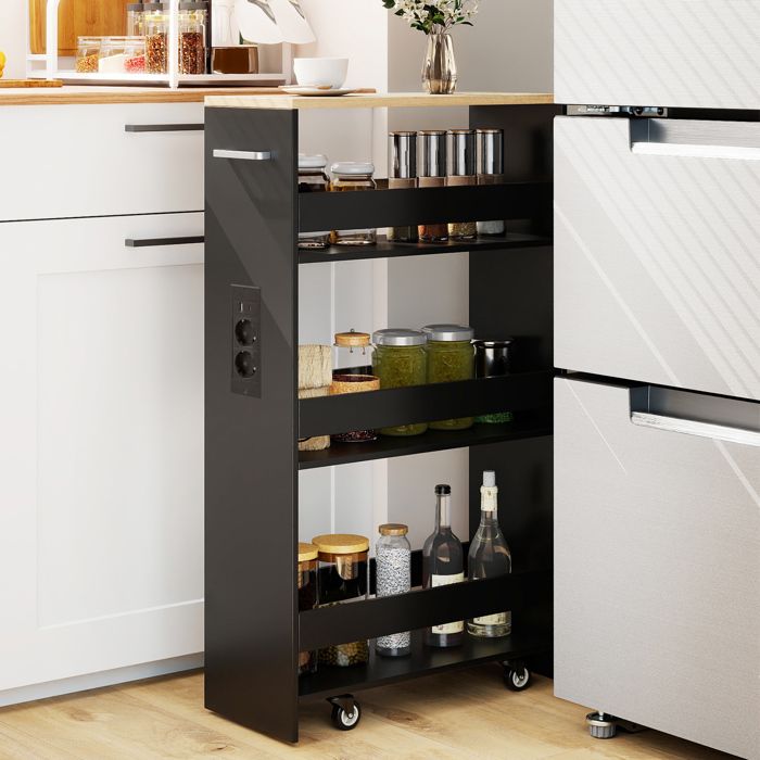 GIANTEX Desserte de Cuisine Étroit à Roulettes- 475x20x805cm- Station de Charge- Chariot de Service à 4 Niveaux- Noir + Naturel