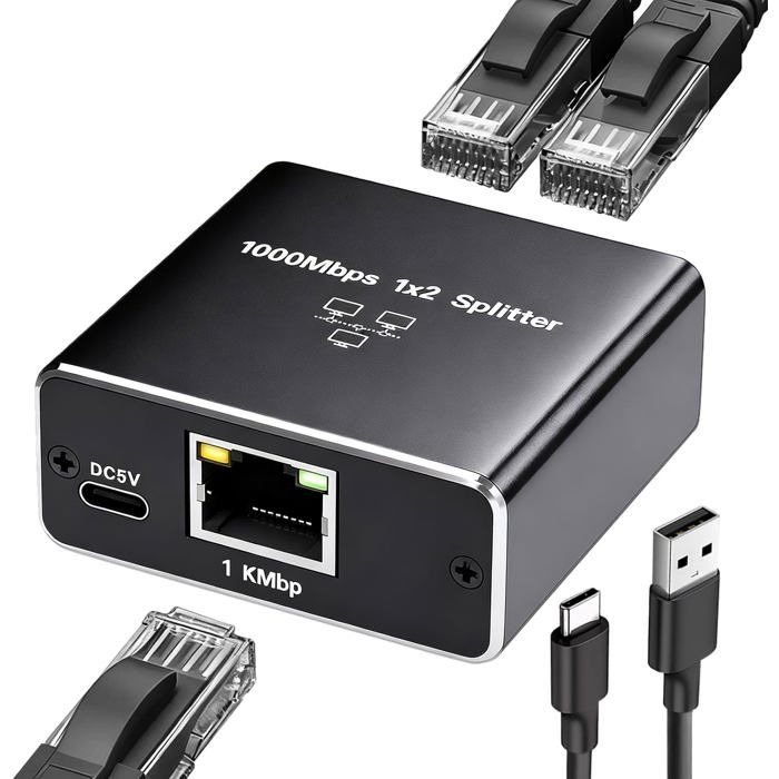 Gigabit Séparateur Ethernet 1 à 2 1000Mbps RJ45 LAN Séparateur Internet pour Routeur ComputerHub Switch TV Numérique Gigabit Séparateur Ethernet 1 à 2 1000Mbps RJ45 LAN Séparateur Internet pour Routeur ComputerHub Switch TV Numérique