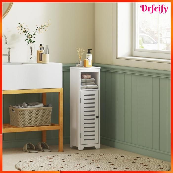 Meuble salle de bain - AKOZON - 16581 - Colonne 4 niveaux porte persienne - MDF peint - Blanc 22x20x75 cm