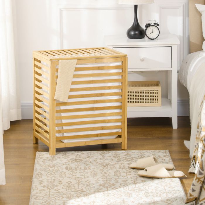 Panier à linge - VVBV - 55L - Bambou naturel - Avec couvercle - Sac intérieur amovible