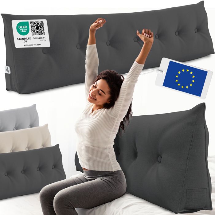 ELONEO coussin dossier lit 200 cm coussin triangulaire de lecture cale-dos avec housse lavable et poche latérale anthracite