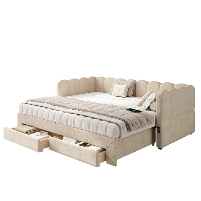 Lit Simple Lit Canapé 90x190cm Extensible À 180cm Capitonné 2 Tiroirs Rangement Port USB Chenille Beige Sans Matelas