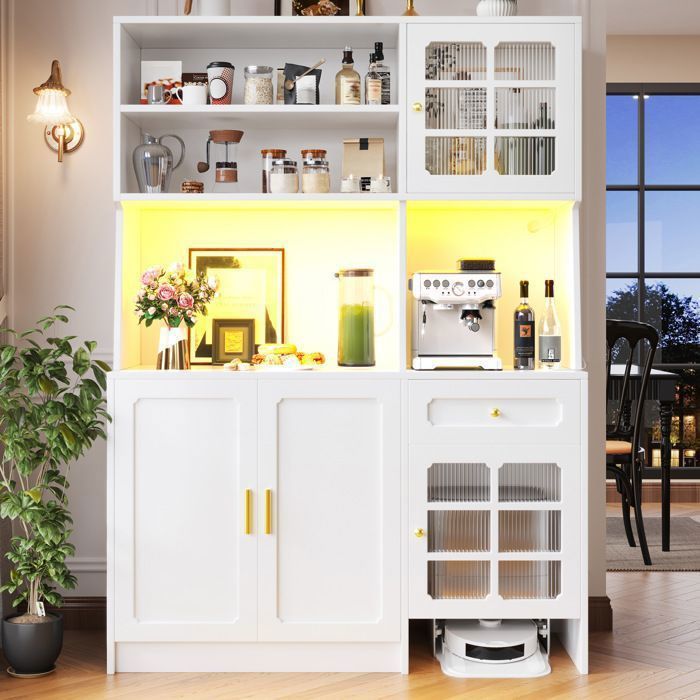 Buffet haut de cuisine 130 x 45 x 180 cm blanc avec tiroir portes vitrées éclairage LED