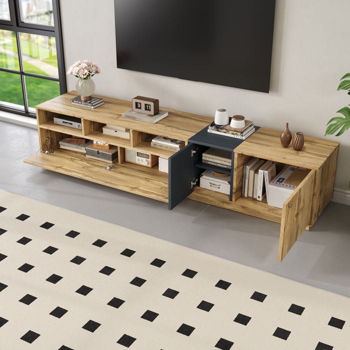 Meuble TV avec 3 Niches Ouvertes et Passe-Câbles Meuble TV Bas Moderne avec Espace de Rangement Bois et Gris 200x45x45 cm